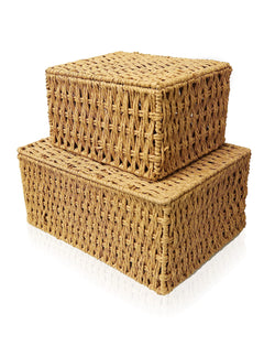 RoyalHouse Woven Stackable Storage Baskets with Lid Decorative Rope Organizer Bin - Set of 2 (2 Sizes) Beige (No Liner)