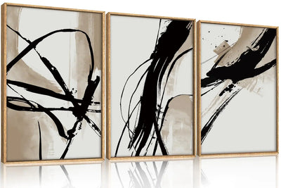 HOURIA Large Abstract Brown Brush Stroke Framed Canvas Wall Art SetNeutral Beige Circles Wall DecorModern Black Ink Line Minimalism Tan Art Print for Living Room Bedroom Office- 16