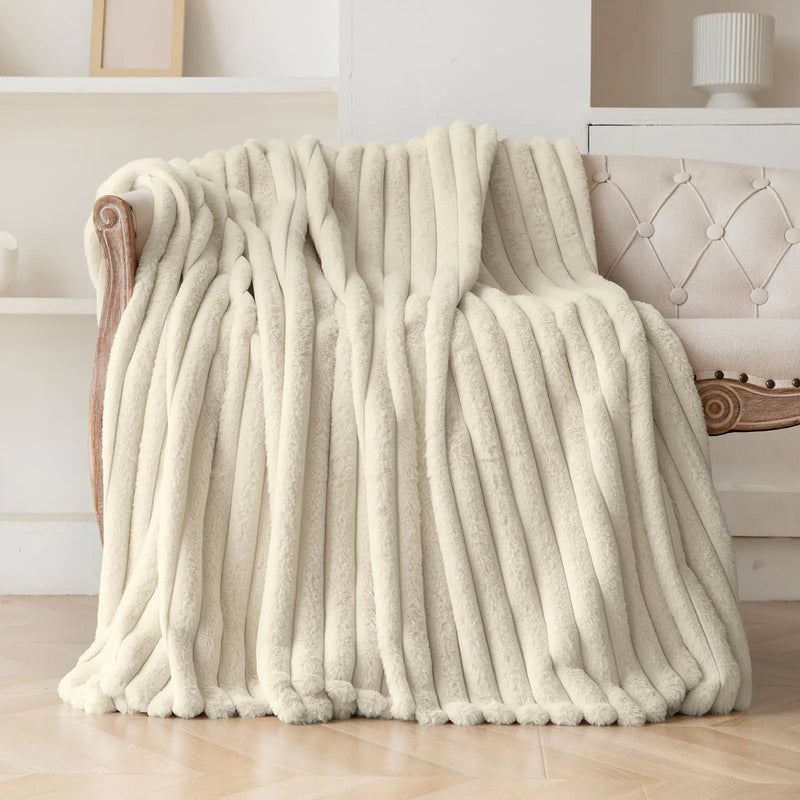 DANSICUINI Beige Faux Fur Throw Blanket for Couch Fuzzy Cozy Soft Warm Plush Striped Throw Blanket Decorative Fluffy Winter Blanket for Sofa Chair Bed Living Room Home Decor 60