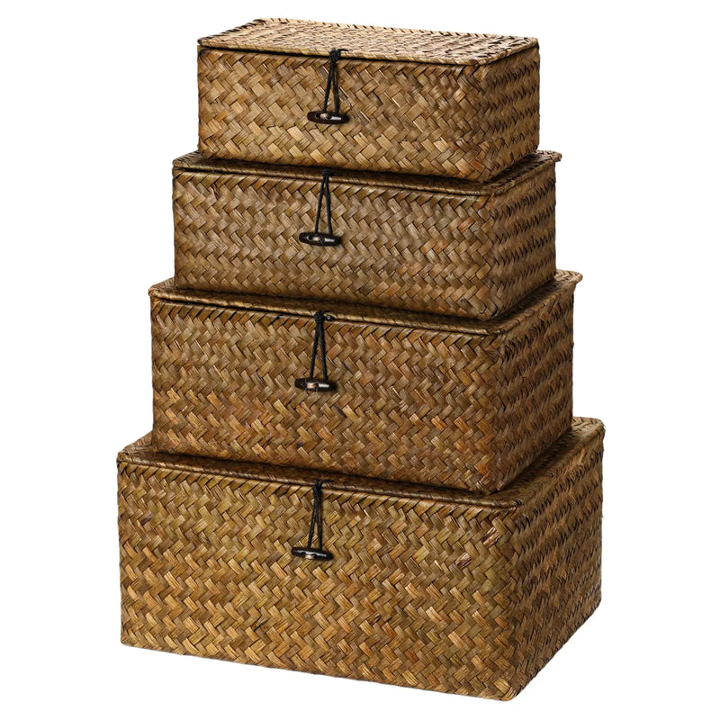 Woanger Set of 4 Seagrass Basket with Lids Woven Rattan Wicker Storage Basket Decorative Storage Boxes Rectangular Baskets for Decoration Picnic Groceries and clothes Storage(Retro Color)