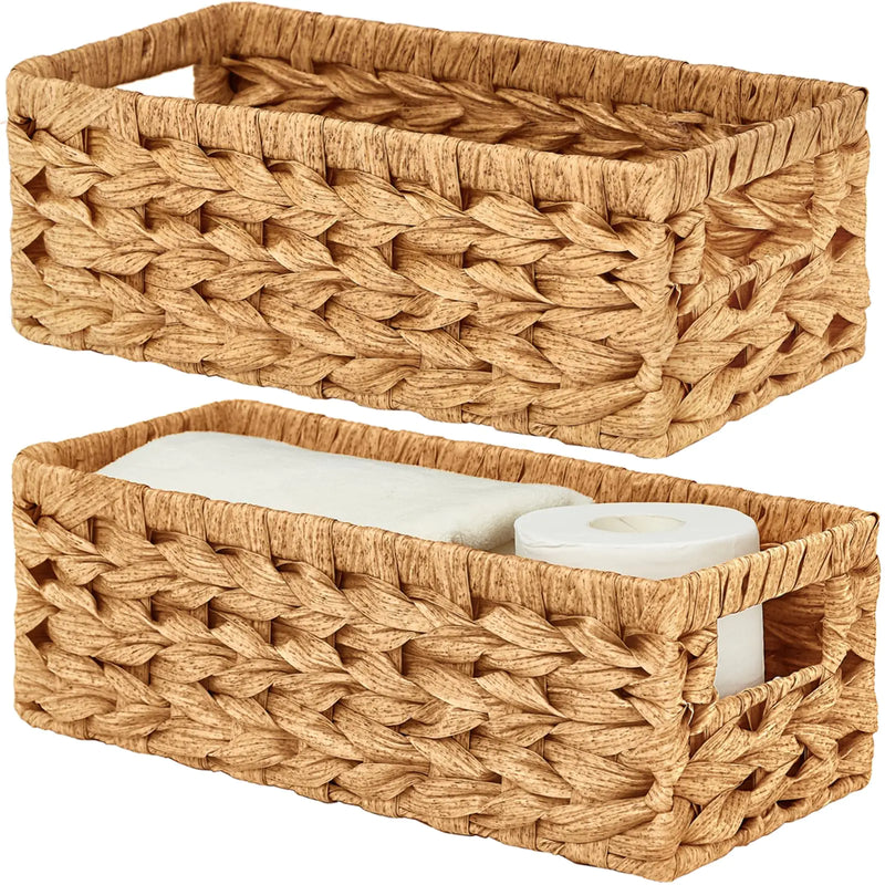 Vagusicc Wicker Storage Basket Wicker Baskets with Handles Toilet Paper Basket for Toilet Tank Top Small Wicker Baskets for Organizing Shelves 2-Pack
