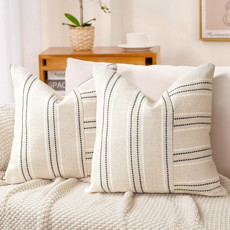 AELS 26x26 Decorative Farmhouse Linen Throw Pillow Covers Boho Textured Pillow Case Set of 2 Beige with White & Black Stripe Patchwork Cushion Cover for Sofa Couch Living Room (Cover ONLY)