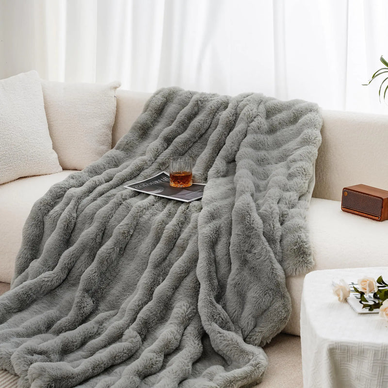 July Soft Reversible Faux Rabbit Fur Throw Blanket Lightweight Fuzzy Bubble Throw Blanket for Bed Cozy Blankets for Women Gift Grey 50