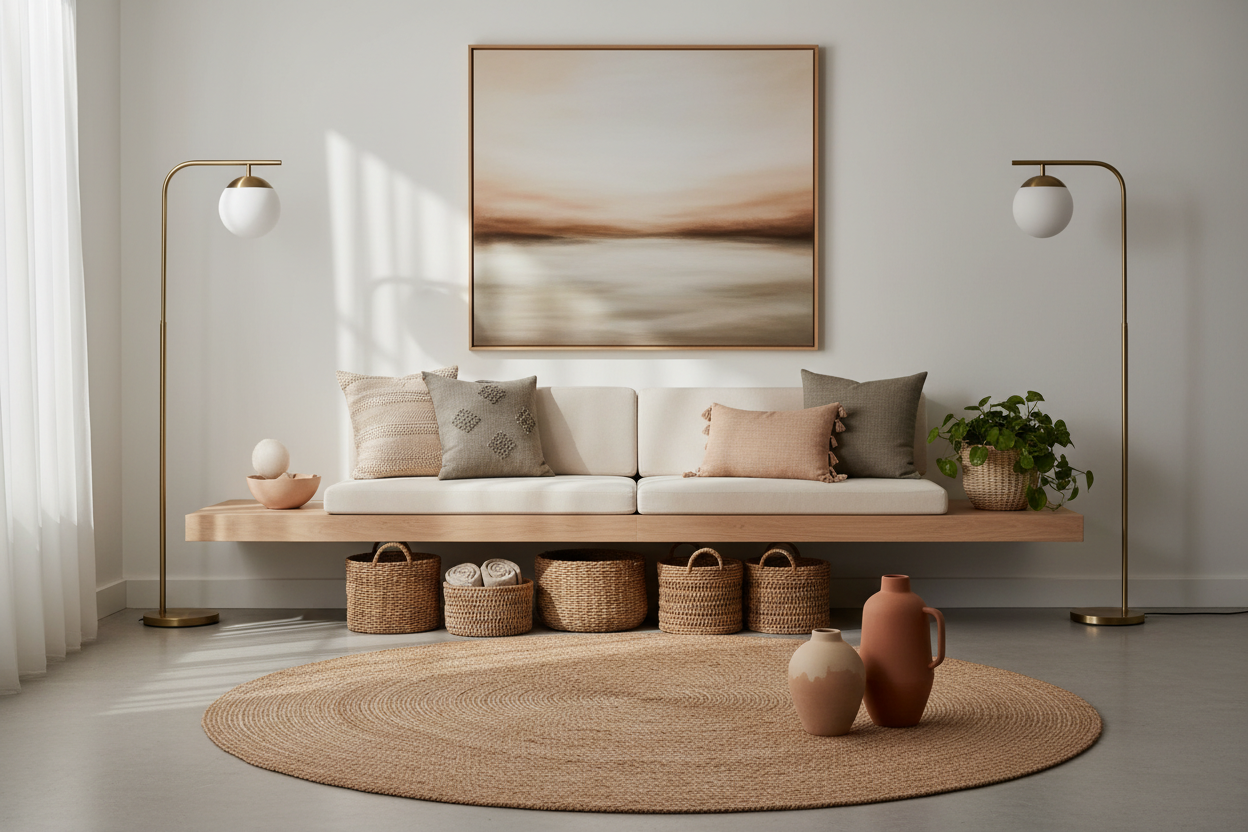 Premium lifestyle scene with lamps, pillows, and baskets